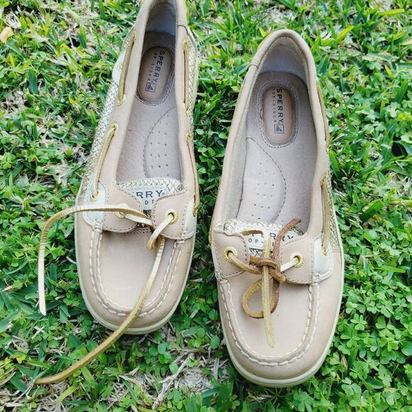 Women's Sperry Top Sider 9101759 Tan w/ Gold Sparke Boat Shoes - Size 6.5M - Picture 1 of 10